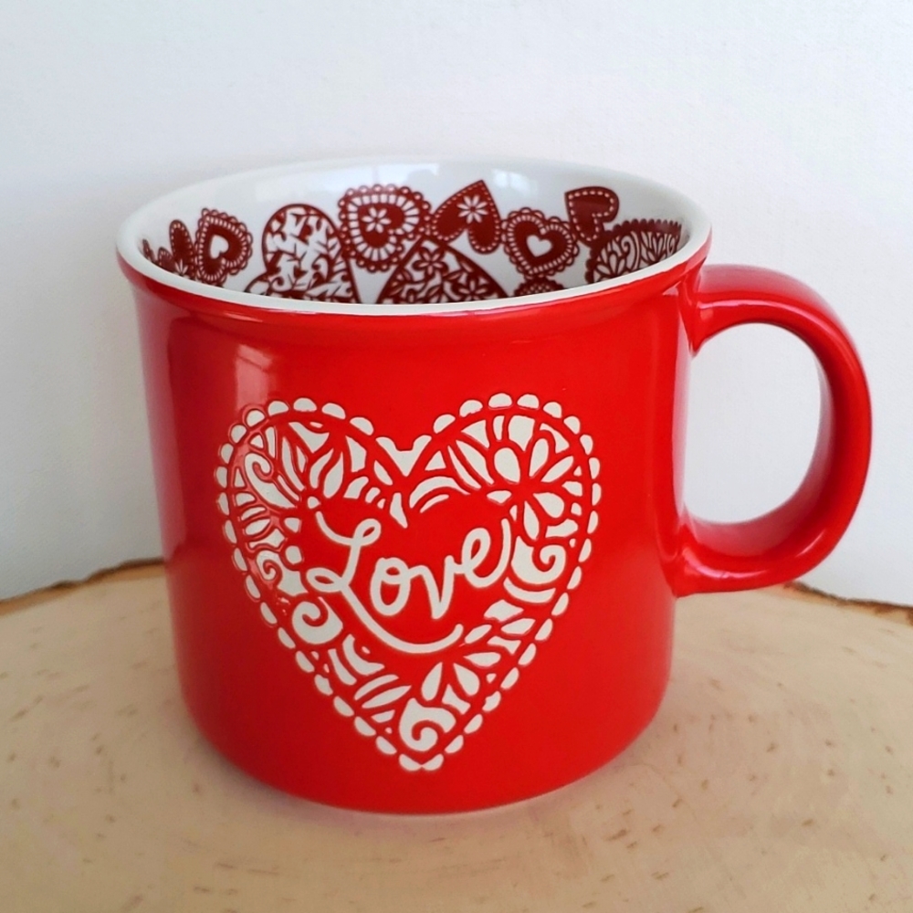Cupcakes and Cashmere Love Lace Heart Red and White Mug